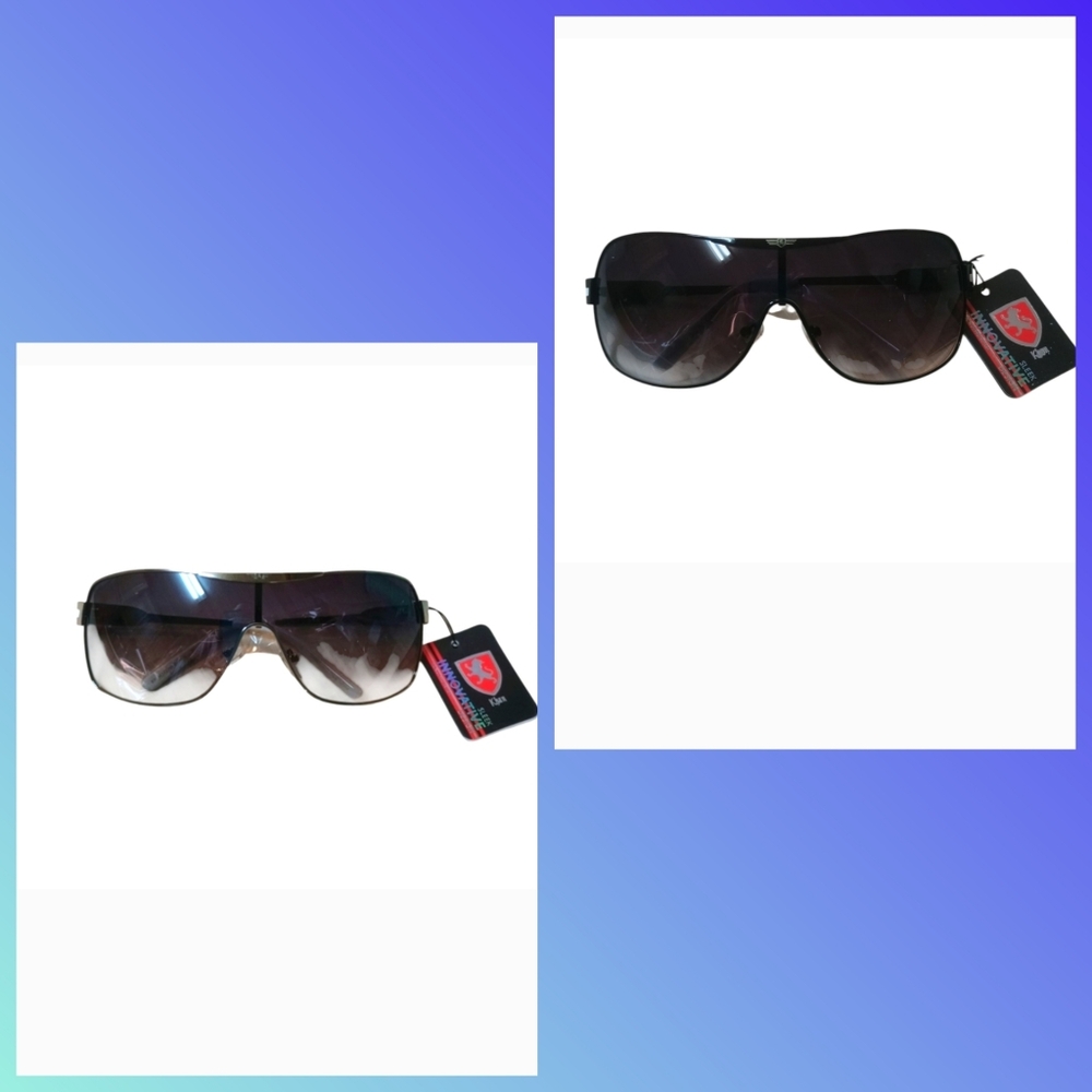 Unisex Lot Of 2 Khan Wrap Around One Piece Aviator Sunglasses Black/Silver